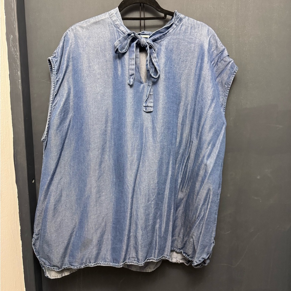 Bar III Blue Denim Top with Neck Detail